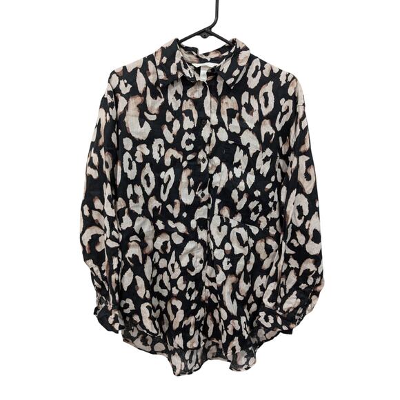 H&M Linen Animal Print Button Front Long Sleeve Oversized Top Size XS - Picture 1 of 5